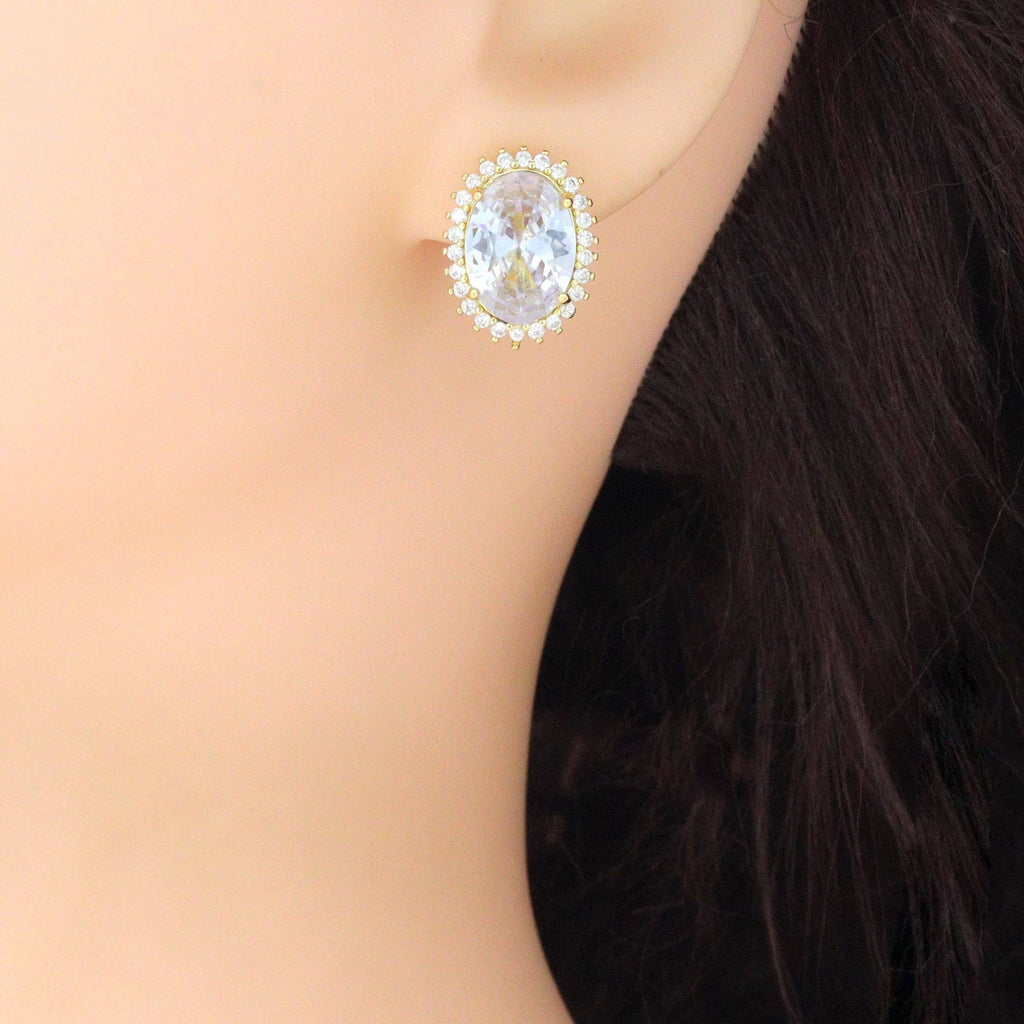 Big Oval Crystal Clip on Stud Earrings,