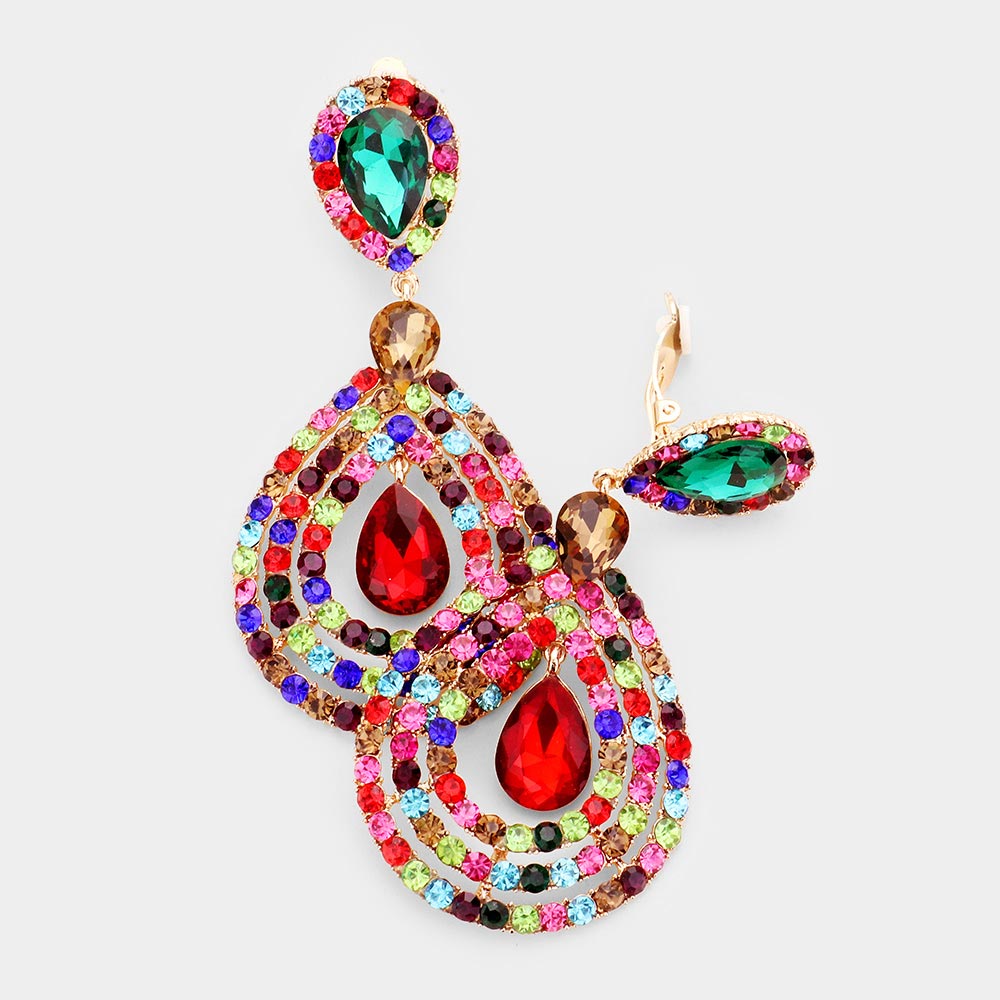 Crystal Pave Trimmed Teardrop Clip On Earrings