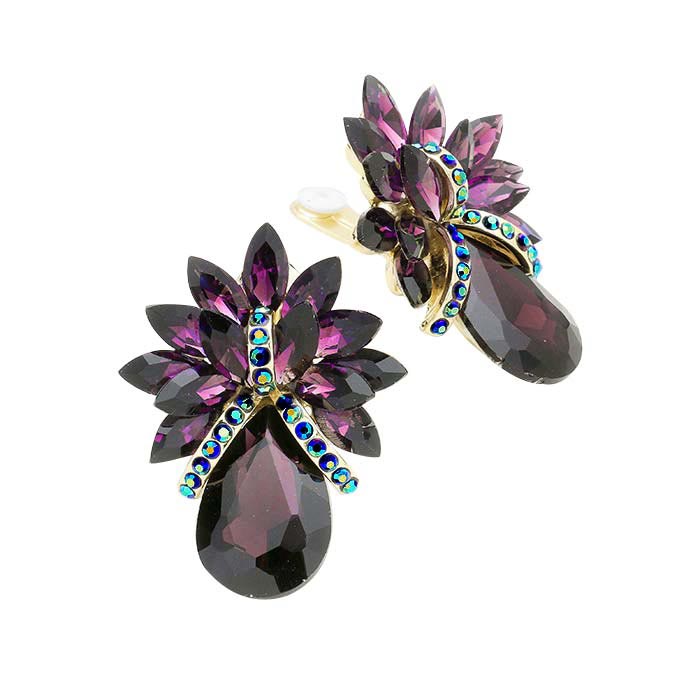 Glass Crystal Petal Teardrop Clip On Earrings